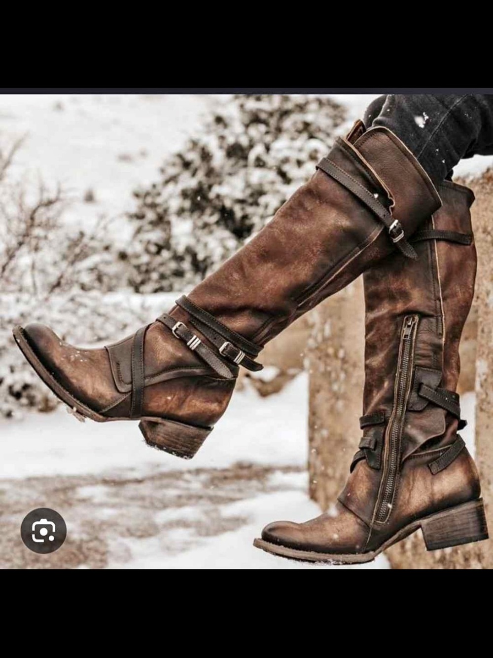 Distressed Brown Leather Knee-High Riding Boots with Buckle Detail